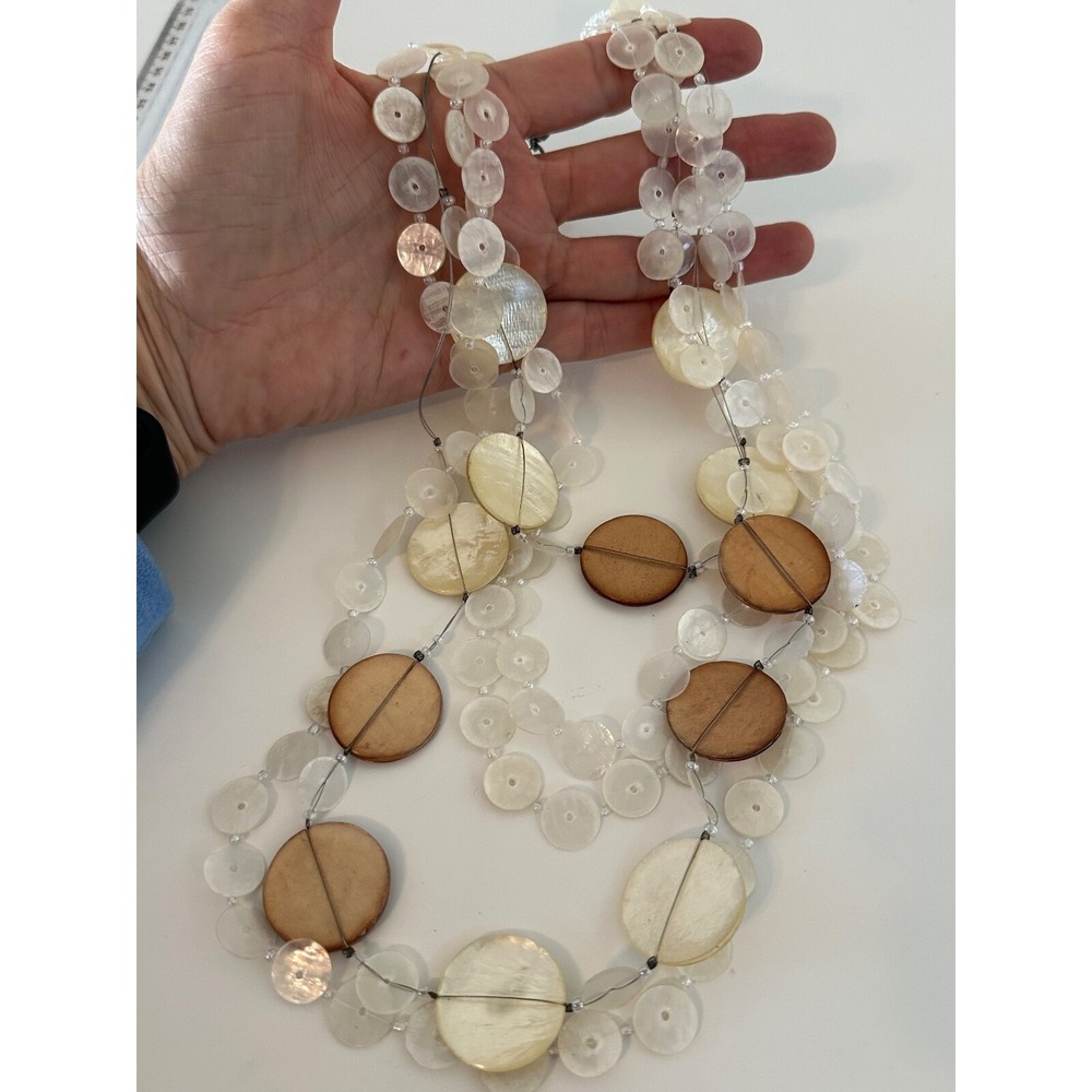 Chico's Necklace Shell Round Discs Waterfall Layered Multi strand Stunning
